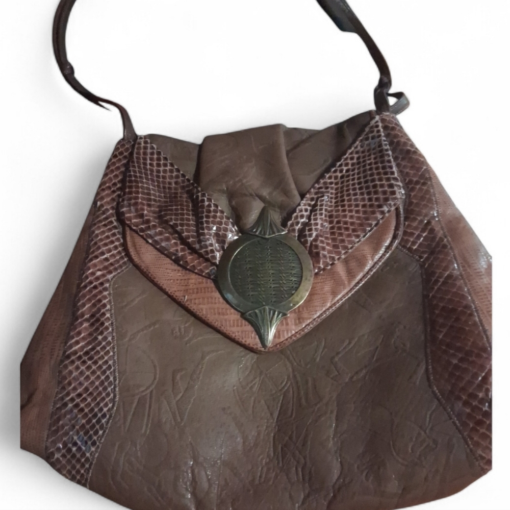 Vintage Sharif Brown Leather Crossbody  W Ancient Chariot Pattern & Snakeskin